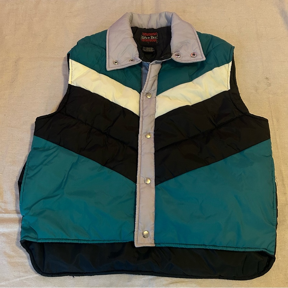 Vintage 80s Glen Dee Trucker vest ski suit party adult large teal black puffer